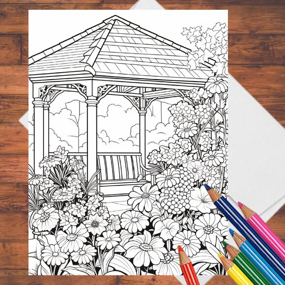 8 Hidden Garden Gazebo Adult A7 Coloring Cards: Handmade Cards with Envelopes - Picture 1 of 9